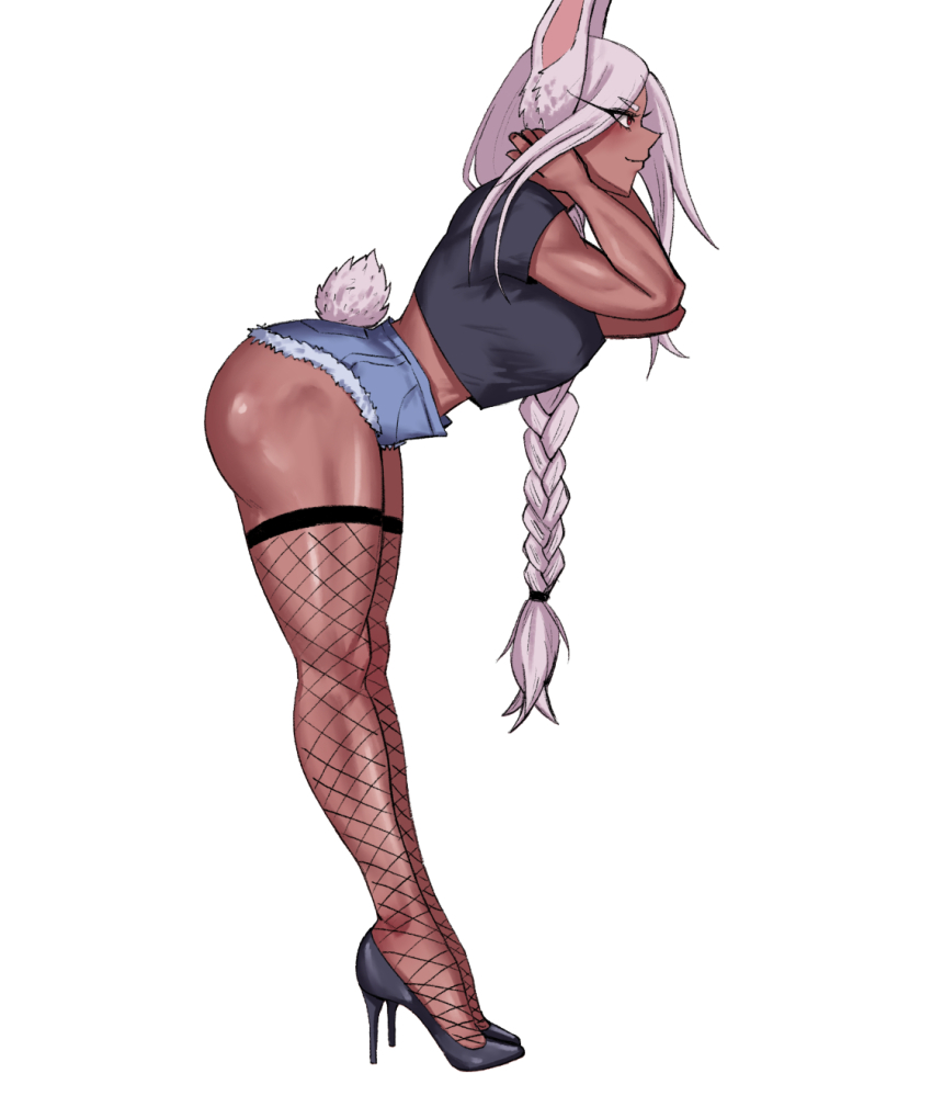 animal_ears bending biceps blue_shorts boku_no_hero_academia dark-skinned_female dark_skin high_heels highres lingerie long_hair mirko muscular muscular_female rabbit_ears rabbit_girl rabbit_tail shadertoons shorts tail thighhighs thighs underwear white_hair