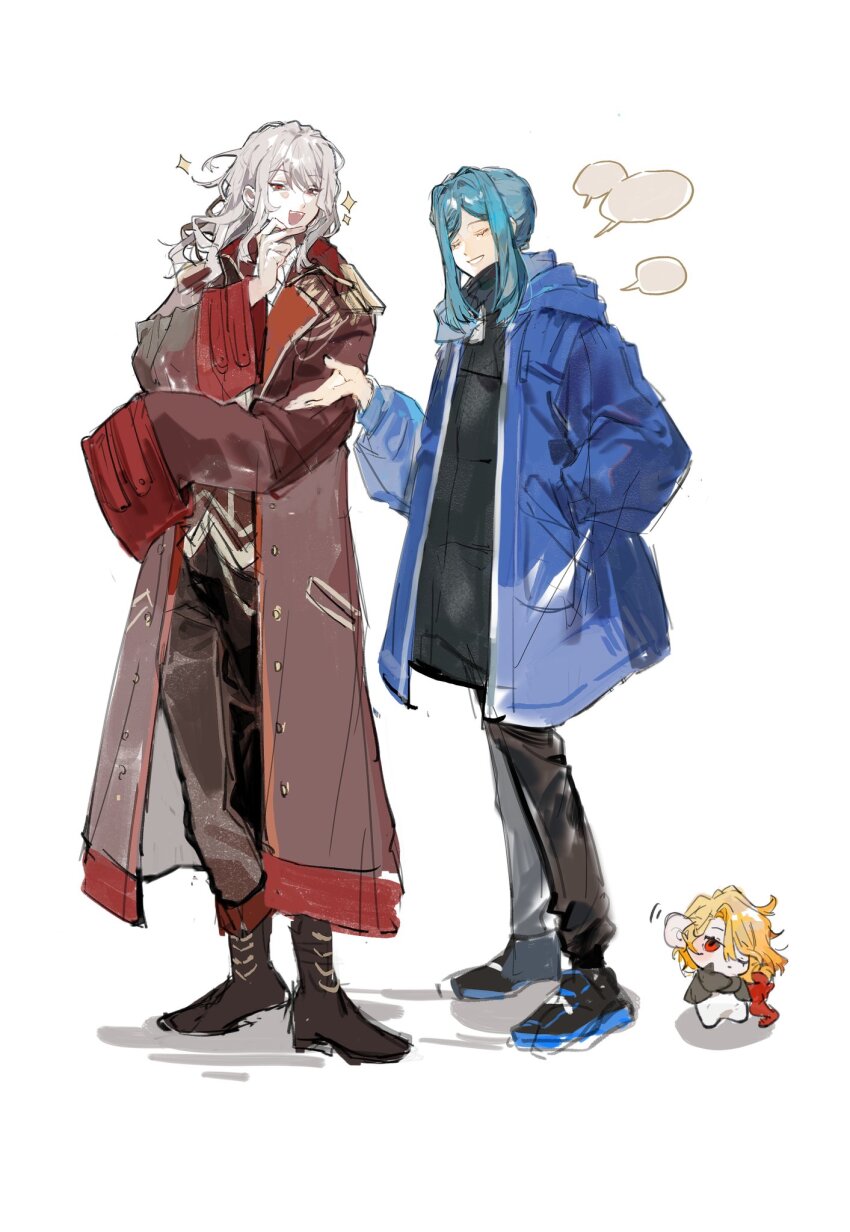 1boy 2girls bari_(project_moon) black_bow black_dress blank_speech_bubble blonde_hair blue_coat blue_hair bow chibi chibi_inset closed_eyes coat don_quixote_(project_moon) dress fangs feather_boa full_body grin hair_over_one_eye hand_in_pocket hand_on_own_chin head_tilt highres hood hood_down jingshenhuanghu limbus_company looking_at_another messy_hair multiple_girls outstretched_hand platform_shoes project_moon red_coat red_eyes sancho_(project_moon) sidelocks smile sparkle speech_bubble talking teeth upper_teeth_only waving white_background white_hair