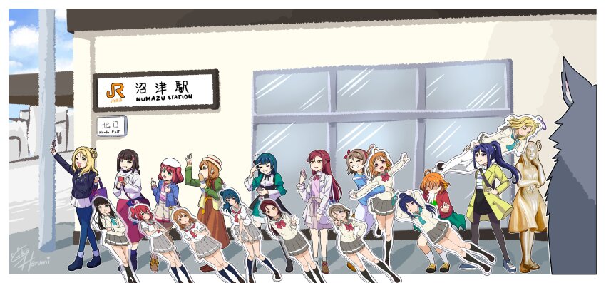 6+girls ^^^ absurdres ahoge april_fools aqua_eyes aqua_neckerchief arms_up black_boots black_hair black_jacket black_pantyhose black_skirt blonde_hair blue_hair blue_jacket blue_pants blunt_bangs boots bow bowtie braid breasts brown_dress brown_eyes brown_hair brown_skirt cardigan cellphone character_charm charm_(object) coat commentary_request crossed_arms crown_braid dress elbow_carry feet_out_of_frame flower genjitsu_no_yohane green_coat green_jacket grey_sailor_collar grey_skirt hair_flower hair_ornament hair_petal hair_rings hairclip hat high_ponytail highres holding holding_phone hop?_stop?_nonstop! in-franchise_crossover jacket kunikida_hanamaru kurosawa_dia kurosawa_ruby lailaps_(genjitsu_no_yohane) leather leather_jacket long_dress long_hair long_sleeves love_live! love_live!_sunshine!! love_live!_sunshine!!_the_school_idol_movie_over_the_rainbow low_twintails matsuura_kanan medium_breasts medium_hair miniskirt mole mole_under_mouth multiple_girls neckerchief numazu ohara_mari open_clothes open_coat open_jacket orange_bow orange_bowtie orange_eyes orange_hair outdoors outstretched_arms over_shoulder pants pantyhose phone pink_shirt pleated_skirt ponytail purple_bag real_world_location red_bow red_bowtie red_eyes red_hair red_jacket red_neckerchief sailor_collar sakurauchi_riko school_uniform shaded_face shirt short_hair side_braid sidelocks single_hair_ring ska.harumi skirt smartphone spread_arms squiggle standing sweater takami_chika tsushima_yoshiko turtleneck turtleneck_sweater twintails two_side_up uranohoshi_school_uniform watanabe_you white_coat white_hat white_jacket white_pants white_shirt white_sweater winter_uniform yellow_cardigan yellow_eyes