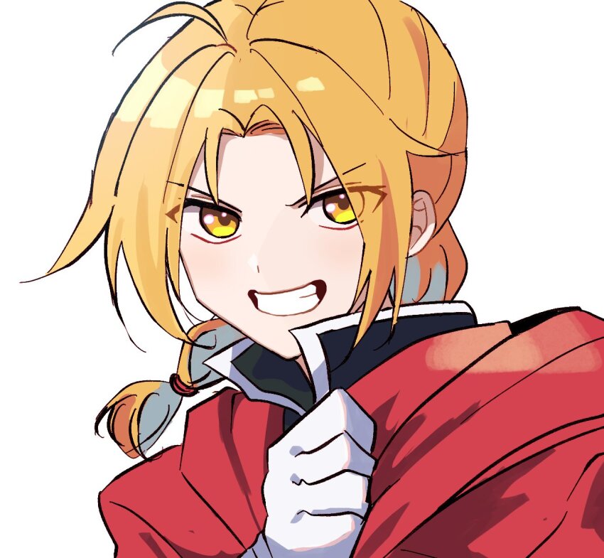 1boy ahoge blonde_hair braid braided_ponytail close-up coat edward_elric fullmetal_alchemist gloves hair_tie highres kasuga_kaya looking_at_viewer male_focus portrait red_coat sidelocks simple_background smile solo upper_body white_background white_gloves white_hair yellow_eyes