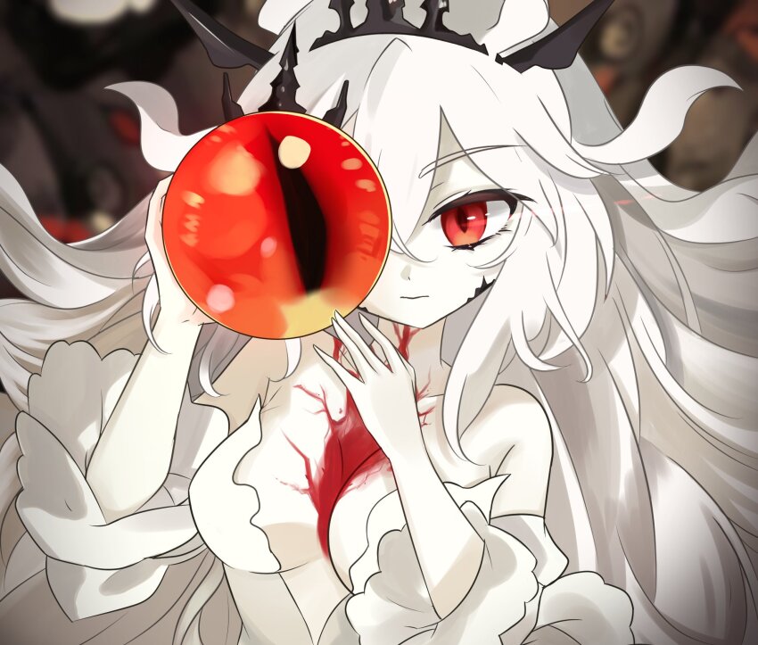 1girl arbiter_the_hierophant_v_(azur_lane) azur_lane bare_shoulders breasts center_opening cleavage closed_mouth colored_skin dress hair_between_eyes hands_up highres holding_eye large_breasts long_hair looking_at_viewer red_eyes rosen_madchen siren_(azur_lane) solo teeth tiara upper_teeth_only white_dress white_hair white_skin