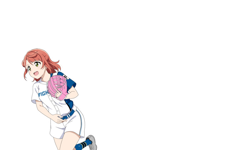 1girl anime_coloring baseball baseball_glove baseball_uniform belt blue_belt blue_shirt blue_socks blunt_bangs blush breasts cowboy_shot green_eyes grey_shoes hair_bun hand_up highres hokkaido_nippon-ham_fighters leg_up love_live! love_live!_nijigasaki_high_school_idol_club medium_hair negative_space nippon_professional_baseball official_art open_mouth outline pink_hair pitching playing_sports serious shirt shoes short_sleeves shorts single_side_bun socks solo sportswear standing standing_on_one_leg swept_bangs teeth three_quarter_view transparent_background two-tone_shirt uehara_ayumu upper_teeth_only v-shaped_eyebrows white_outline white_shirt white_shorts yellow_eyes