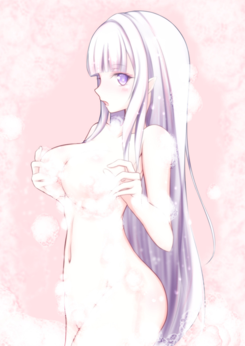 1girl absurdres alternate_hairstyle blunt_bangs blush breasts cleavage collarbone commentary_request completely_nude convenient_censoring cowboy_shot elf emilia_(re:zero) from_side hand_on_own_chest highres kirakiriya large_breasts long_hair looking_at_viewer navel nude open_mouth pink_background pointy_ears profile purple_eyes re:zero_kara_hajimeru_isekai_seikatsu showering soap_bubbles soap_censor solo steam very_long_hair white_hair