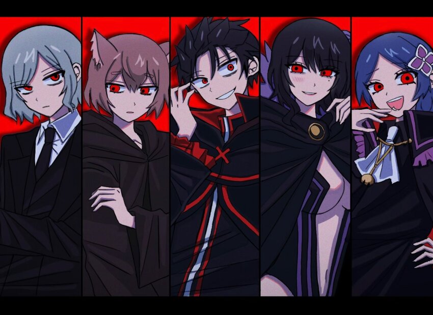 black_hair breasts cape center_opening cleavage cloak elsa_granhilte fur_trim highres large_breasts long_hair meili_portroute mole mole_under_eye navel re:zero_kara_hajimeru_isekai_seikatsu red_eyes