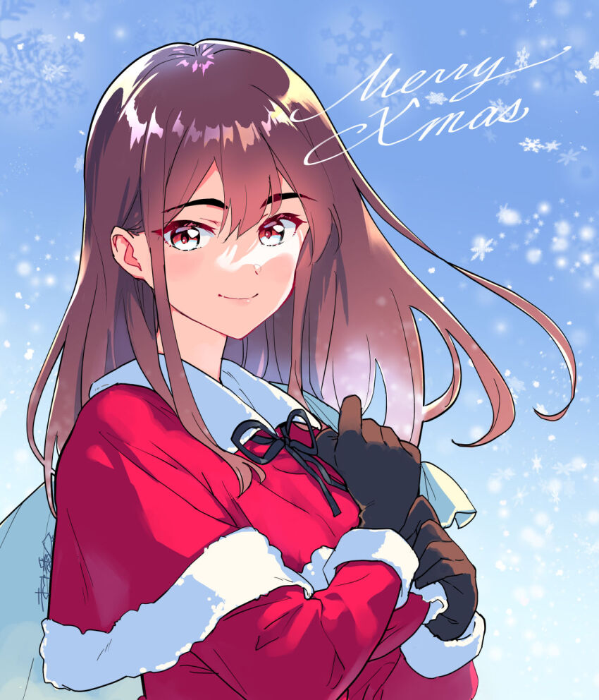 1girl black_ribbon blue_background brown_gloves brown_hair capelet christmas collar commentary cursive floating_hair fur-trimmed_capelet fur_trim gloves gradient_background hand_on_own_wrist highres holding holding_sack long_hair long_sleeves looking_at_viewer looking_to_the_side merry_christmas miman red_capelet red_eyes ribbon sack santa_costume signature smile snowflakes snowing solo upper_body watashi_no_yuri_wa_oshigoto_desu! white_collar yano_mitsuki_(watayuri)