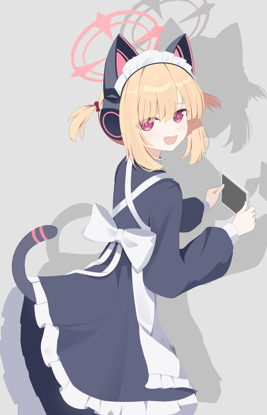 1girl :d absurdres animal_ear_headphones animal_ears apron back_bow black_dress black_tail blonde_hair blue_archive bow cat_ear_headphones cat_ears cat_tail chinese_commentary collared_dress commentary contrast_collar dress eyes_visible_through_hair fake_animal_ears fake_tail fang frilled_apron frilled_dress frills from_behind grey_background hair_bow halo headphones highres holding lifted_by_tail long_sleeves looking_at_viewer looking_back maid maid_apron maid_headdress momoi_(blue_archive) momoi_(maid)_(blue_archive) official_alternate_costume official_alternate_hairstyle open_mouth parted_bangs pink_eyes pink_halo puffy_long_sleeves puffy_sleeves raised_inner_eyebrows red_bow shadow short_hair short_twintails sidelocks simple_background skin_fang smile solo tail tail_raised turning_head twintails white_apron white_bow white_headdress zizhucan