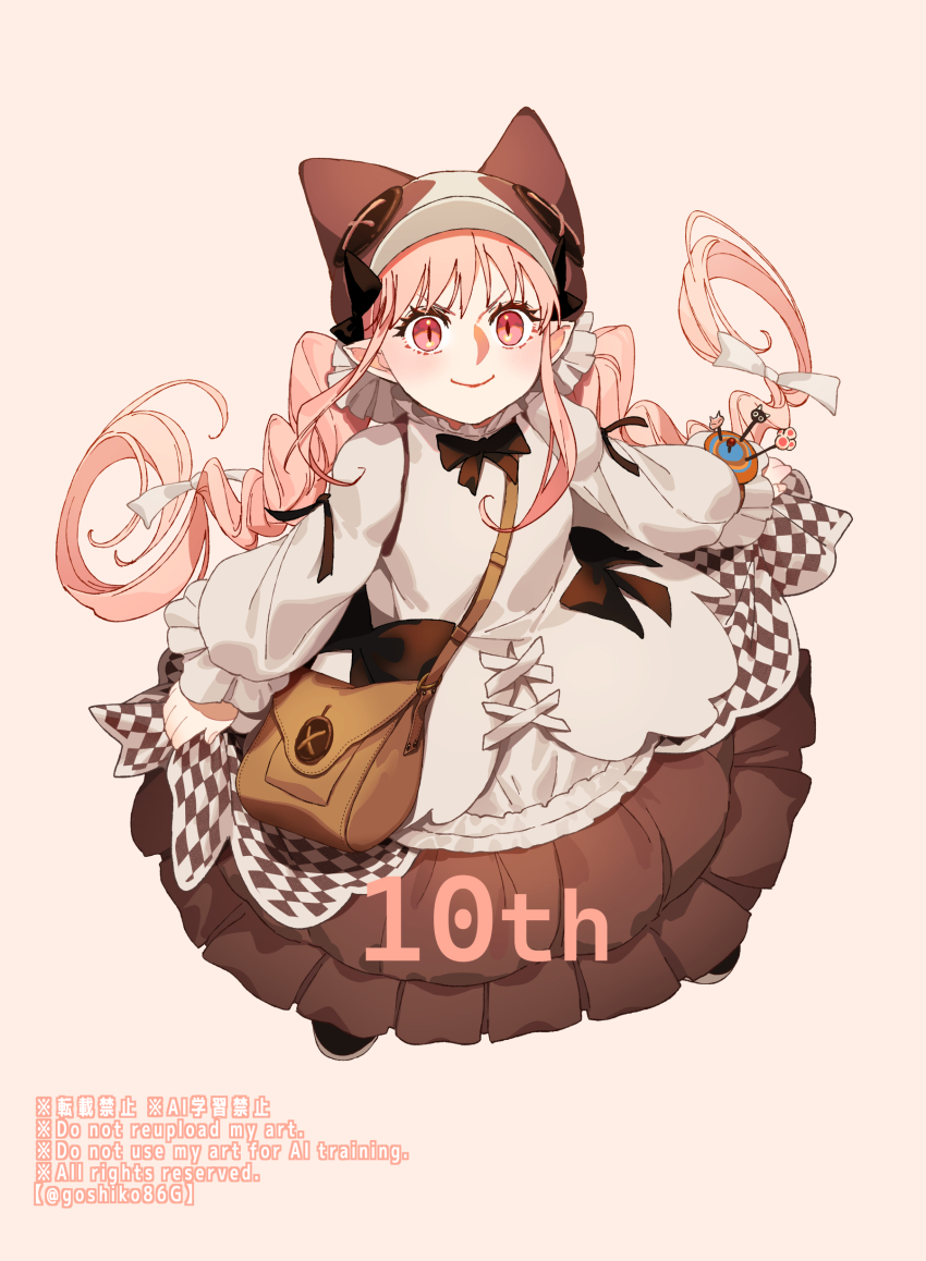 1girl absurdres anniversary artist_name bag black_bow black_ribbon bow brown_bag checkered_clothes checkered_skirt chest_bow closed_mouth english_text fate/grand_order fate_(series) full_body goshiko86g habetrot_(celebratory_attire)_(fate) habetrot_(fate) hair_bow hat highres layered_skirt long_hair looking_at_viewer pink_background pink_eyes pink_hair ribbon simple_background skirt smile solo white_bow
