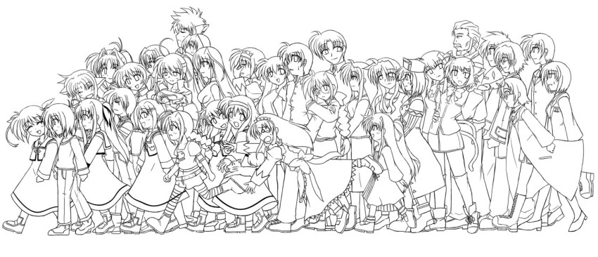 6+boys 6+girls ahoge alicia_testarossa amy_limietta animal_ears arf arisa_bunnings belt braid cat_ears cat_tail chrono_harlaown closed_eyes everyone facial_mark familiar farin_k._ehrlichkeit fate_testarossa fingerless_gloves forehead_jewel forehead_mark gil_graham gloves greyscale hair_intakes hair_ornament hairband hand_on_own_face hat lab_coat leti_lowran liesearia_(nanoha) lieselotte_(nanoha) lindy_harlaown long_image lyrical_nanoha magical_girl mahou_shoujo_lyrical_nanoha mahou_shoujo_lyrical_nanoha_a&#039;s maid mariel_atenza military military_uniform mini_person minigirl monochrome mother_and_son multiple_boys multiple_girls noel_k._ehrlichkeit parody ponytail presea_testarossa reinforce reinforce_zwei rynith school_uniform shamal siblings signum sisters tail takamachi_kyouya takamachi_miyuki takamachi_momoko takamachi_nanoha takamachi_shirou tsukimura_shinobu tsukimura_suzuka twin_braids twins twintails vita_(nanoha) waist_cape wide_image wolf_ears wolf_tail x_hair_ornament yagami_hayate yuuno_scrya zafira zafiran