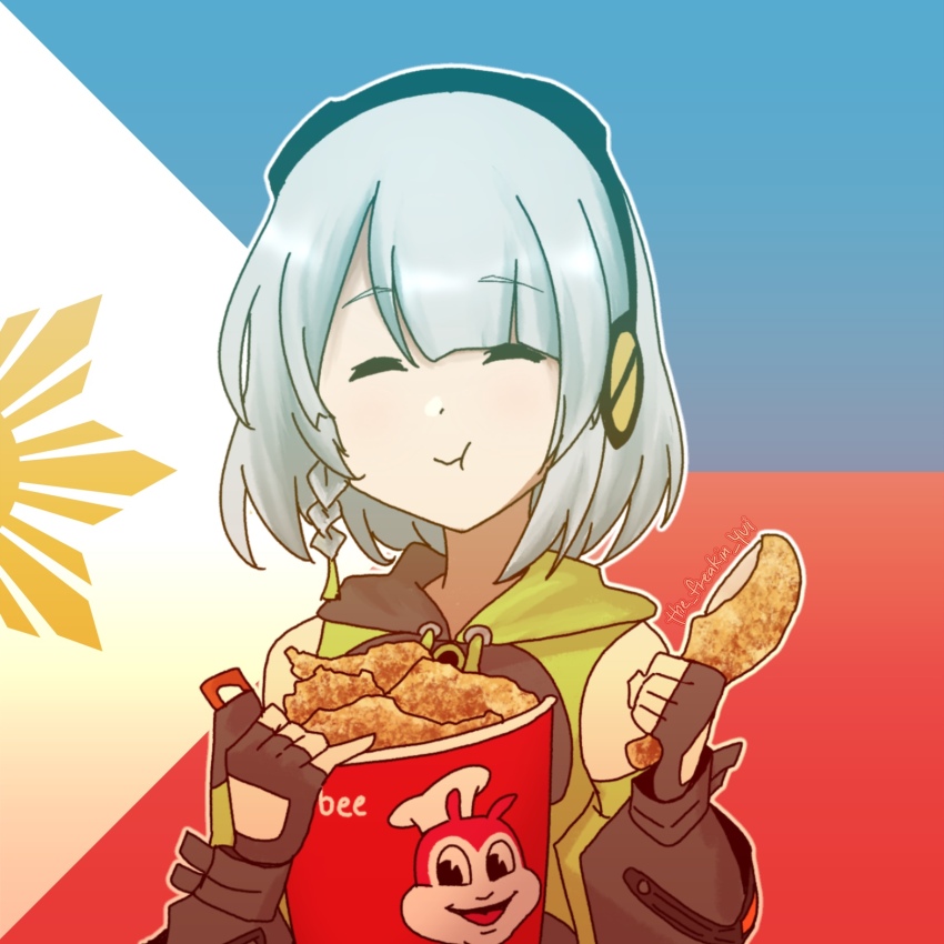 1girl anby_demara black_gloves black_headphones braid bucket_of_chicken chicken_(food) closed_eyes closed_mouth commentary eating english_commentary fingerless_gloves food gloves green_jacket grey_hair headphones highres holding holding_food hood hooded_jacket jacket jollibee jollibee_(mascot) philippine_flag short_hair single_braid sleeveless sleeveless_jacket solo the_freakin_yui zenless_zone_zero