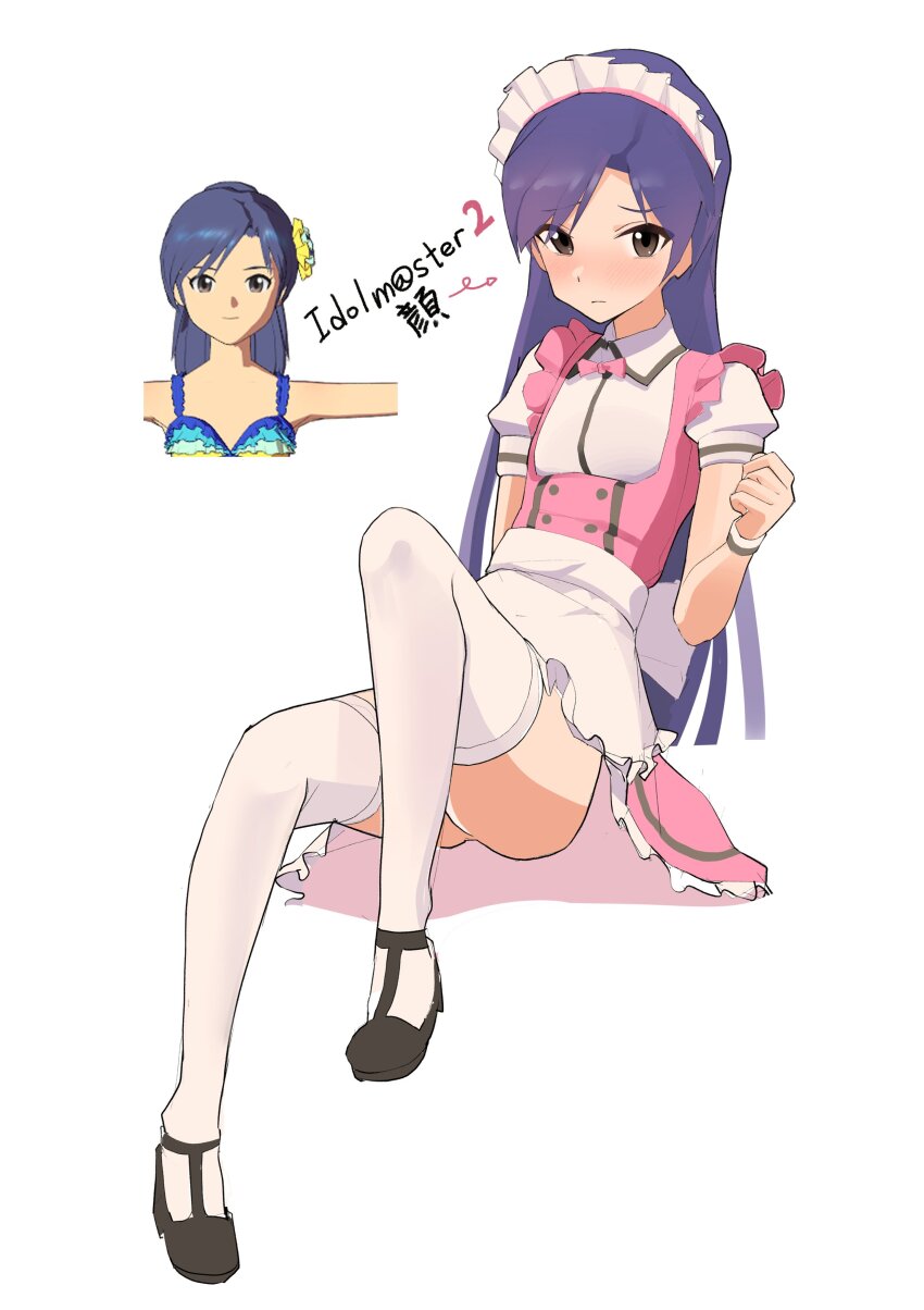 1girl absurdres apron blue_hair blush bow bowtie brown_eyes ch2haya_p closed_mouth dress frilled_dress frills full_body highres idolmaster idolmaster_(classic) idolmaster_2 idolmaster_million_live! idolmaster_million_live!_theater_days kisaragi_chihaya long_hair maid maid_apron maid_headdress pink_bow pink_bowtie pink_dress pretty_waitress_(idolmaster) reference_inset shoes simple_background sitting solo thighhighs white_background white_thighhighs wristband