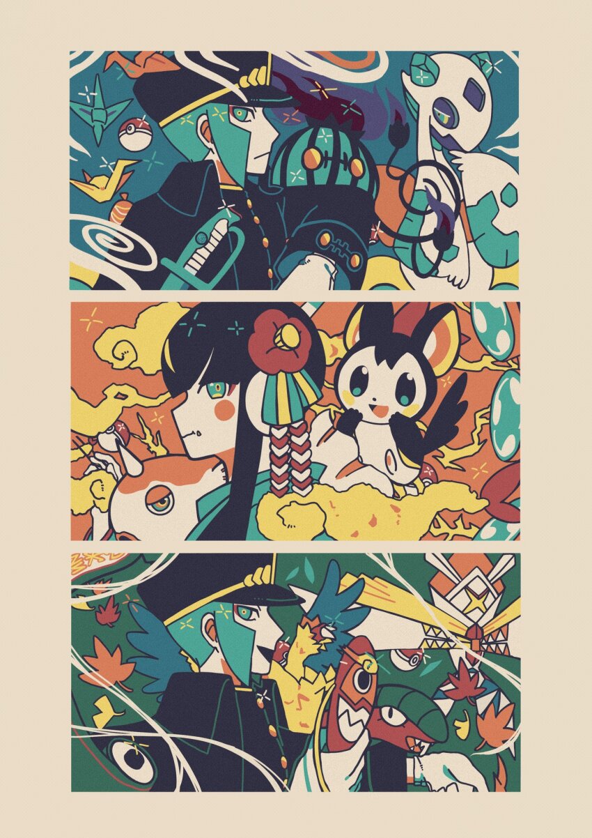 1girl 2boys archeops artist_request black_hair blue_background blue_eyes cape chandelier chandelure chopsticks dinosaur drum eating electricity elesa_(pokemon) emmet_(pokemon) emolga fangs feathered_dinosaur feathered_wings feathers fire fish flower flower_hairpin food froslass frown gakuran gen_1_pokemon gen_4_pokemon gen_5_pokemon gen_7_pokemon ginkgo_leaf gloves goldeen goldfish green_background grey_hair hair_ornament hat highres holding holding_chopsticks holding_mask horns ice ingo_(pokemon) instrument japanese_clothes kartana kimono leaf long_hair looking_at_viewer maple_leaf mask multiple_boys nintendo non-web_source obi open_mouth orange_background origami paper_crane peaked_cap poke_ball pokemon pokemon_(creature) pokemon_bw2 purple_fire sash school_uniform scroll short_hair shrimp shrimp_tempura sideburns sidelocks single_horn slit_pupils smile source_request sugar_glider sword tempura ultra_beast weapon white_gloves wind wings yellow_eyes