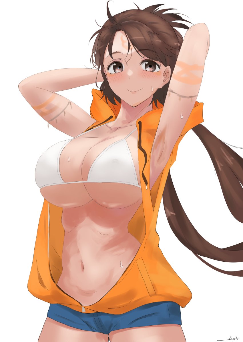 1girl absurdres armpits arms_behind_head arms_up bad_id bad_twitter_id bare_shoulders beads bikini bikini_top_only blue_shorts breasts brown_eyes brown_hair cleavage collarbone contemporary denim denim_shorts drawstring facial_mark fate/grand_order fate_(series) forehead forehead_mark heroic_spirit_tour_outfit highres himiko_(fate) himiko_(tour_outfit)_(fate) hood hooded_vest hoodie large_breasts long_hair looking_at_viewer orange_vest s4ika short_shorts shorts smile solo swimsuit topknot twintails vest white_bikini zipper
