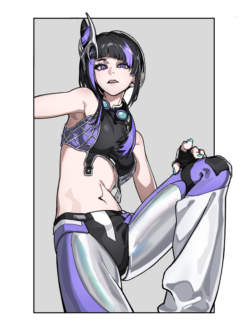 1girl absurdres aespa blue_nails border commentary english_commentary fingerless_gloves gloves han_juri highres marui_(fxxstate_ofmind) official_alternate_costume official_alternate_hairstyle purple_eyes solo spider_web_print street_fighter street_fighter_6 white_border