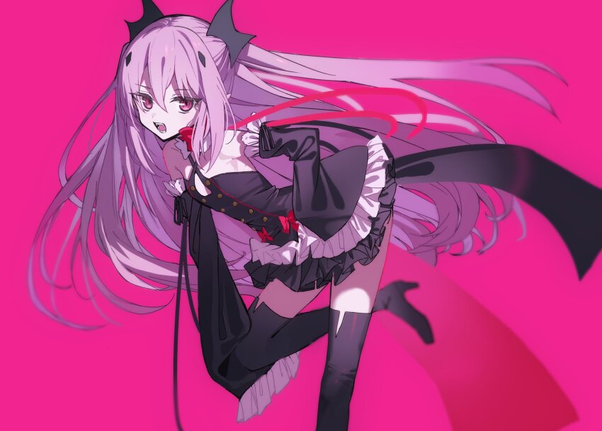 1girl bare_shoulders black_dress boots detached_sleeves dress fangs flat_chest high_heel_boots high_heels highres krul_tepes leaning_forward long_hair looking_at_viewer nitrio open_mouth owari_no_seraph pink_background pink_eyes pointy_ears purple_hair short_dress simple_background sleeves_past_fingers sleeves_past_wrists solo standing standing_on_one_leg teeth thigh_boots vampire