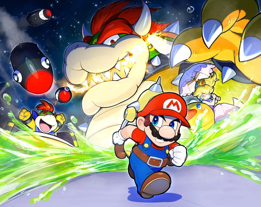 1girl 3boys ^_^ arms_up blue_eyes bowser bowser_jr. brown_footwear brown_hair bullet_bill claws clenched_hands closed_eyes dress f.l.u.d.d. facial_hair fang fire gloves hat highres holding holding_umbrella hoshi_(star-name2000) mario mario_(series) multiple_boys mustache nintendo open_mouth parasol pink_dress princess_peach red_headwear rubber_duck sharp_teeth spikes super_mario_sunshine teeth umbrella water white_gloves