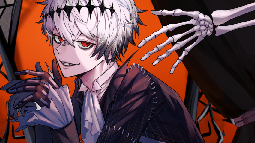 1boy ascot black_gloves black_jacket con3okita curtains gloves grin jacket looking_at_viewer male_focus missing_tooth orange_background orange_eyes ringed_eyes short_hair skeletal_arm skully_j._graves smile solo twisted_wonderland white_ascot white_hair