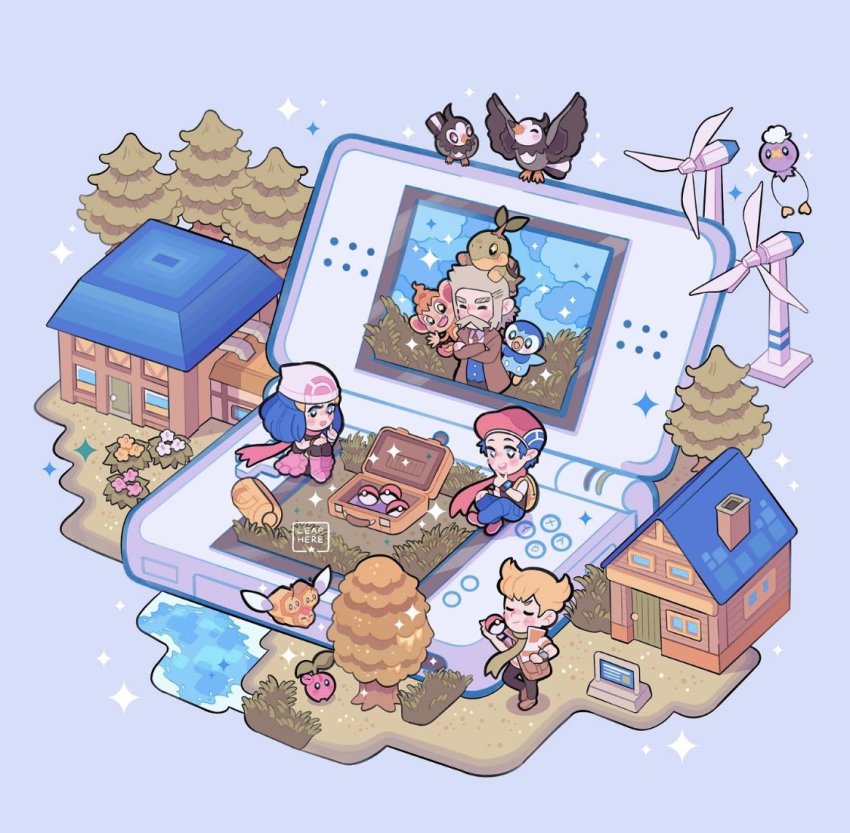 1girl 3boys bag barry_(pokemon) beanie blouse blue_hair blue_vest blush boots briefcase brown_coat building cherubi chimchar coat combee commentary dawn_(pokemon) door drifloon duffel_bag gen_4_pokemon grass hair_ornament hairclip hand_on_own_chin handheld_game_console hat leaphere lucas_(pokemon) multiple_boys necktie nintendo nintendo_ds pink_boots piplup poke_ball poke_ball_(basic) pokemon pokemon_(creature) pokemon_dppt professor_rowan scarf shirt smile sparkle starly starter_pokemon_trio stroking_own_chin tree turtwig vest water white_headwear white_shirt wind_turbine windmill window yellow_bag