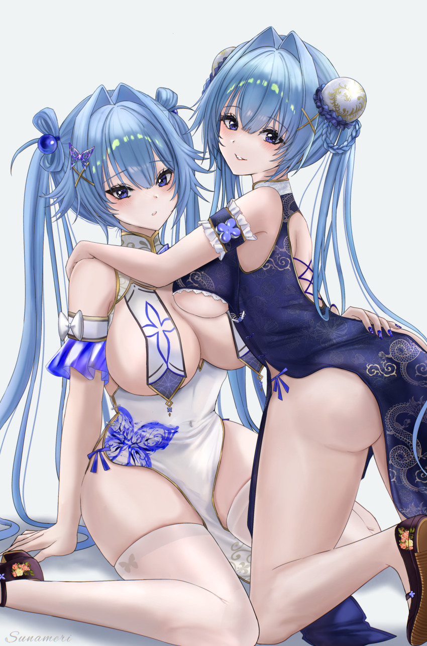 2girls absurdres artist_name ass blue_dress blue_eyes blue_hair breast_curtains breasts commentary_request dress goddess_of_victory:_nikke gretel_(nikke) hair_intakes hansel_(nikke) highres large_breasts multiple_girls pelvic_curtain siblings simple_background sisters sunameri_(pixiv3564245) thighhighs twintails white_background white_dress white_thighhighs