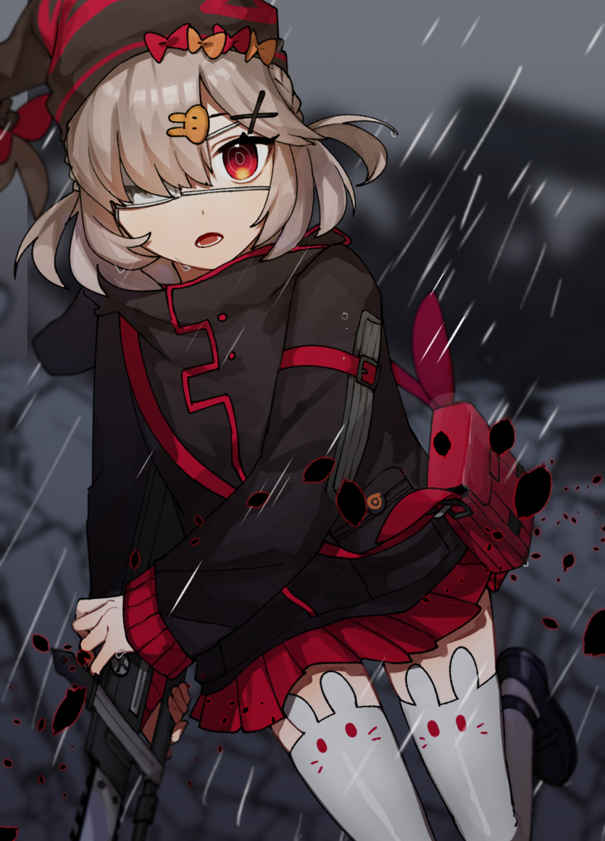 1girl animal_ear_legwear arknights black_jacket chainsaw commentary eyelashes eyepatch grey_hair hair_ornament hat highres holding holding_chainsaw jacket long_sleeves looking_at_viewer medical_eyepatch open_mouth outdoors pleated_skirt popukar_(arknights) rabbit_ear_legwear rabbit_hair_ornament rain red_eyes red_skirt shindyushiyou short_hair skirt solo thighhighs white_thighhighs x_hair_ornament
