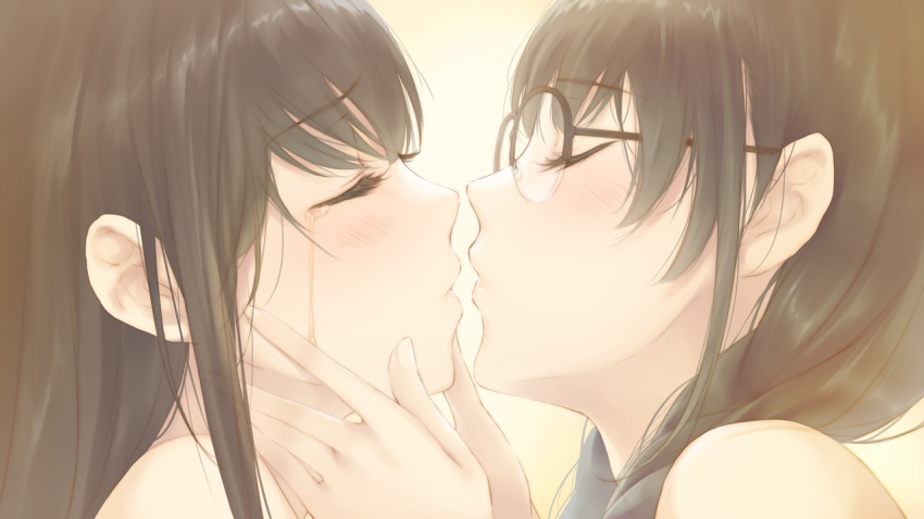 2girls bare_shoulders blush braid brown_hair close-up closed_eyes eyelashes flowers_(innocent_grey) from_side game_cg glasses hanabishi_rikka hands_on_another&#039;s_face imminent_kiss multiple_girls official_art profile shirahane_suou sugina_miki tears twin_braids yuri