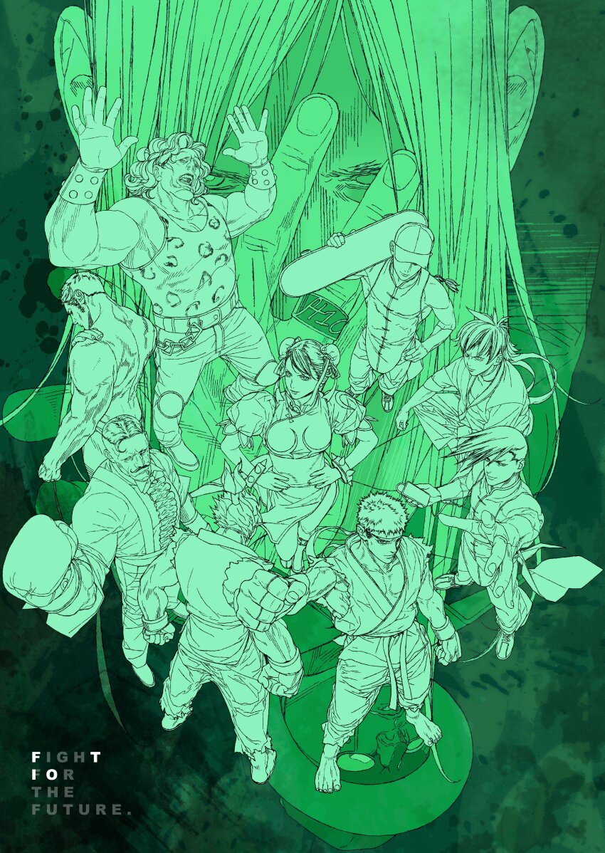 akuma_(street_fighter) capcom chun-li dudley green_background group_picture hugo_andore makoto_(street_fighter) q_(street_fighter) remy_(street_fighter) ryu_(street_fighter) street_fighter street_fighter_iii_(series) urien yang_lee yoshihara_motoki yun_lee