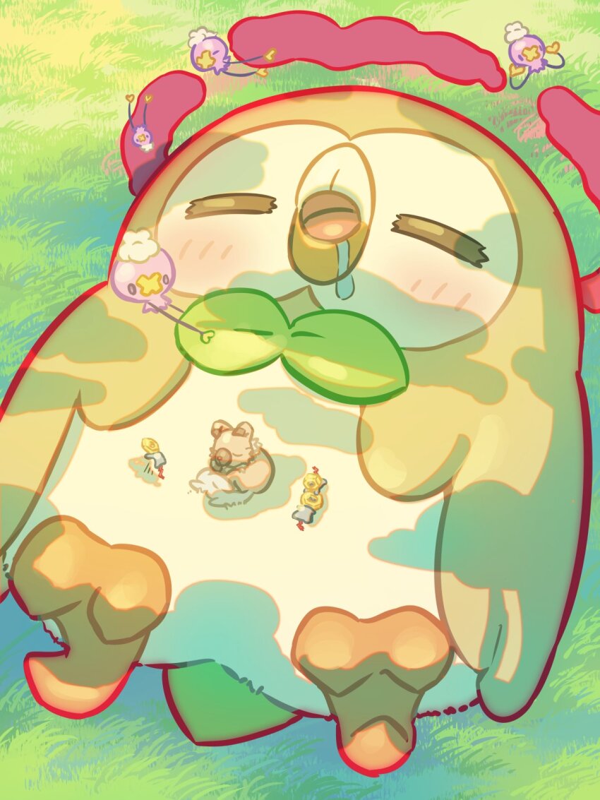blush closed_eyes commentary_request day drifloon drooling dynamax gen_4_pokemon gen_7_pokemon highres lying meltan mokukitusui mythical_pokemon nintendo no_humans on_back open_mouth outdoors pokemon pokemon_(creature) rockruff rowlet saliva tongue
