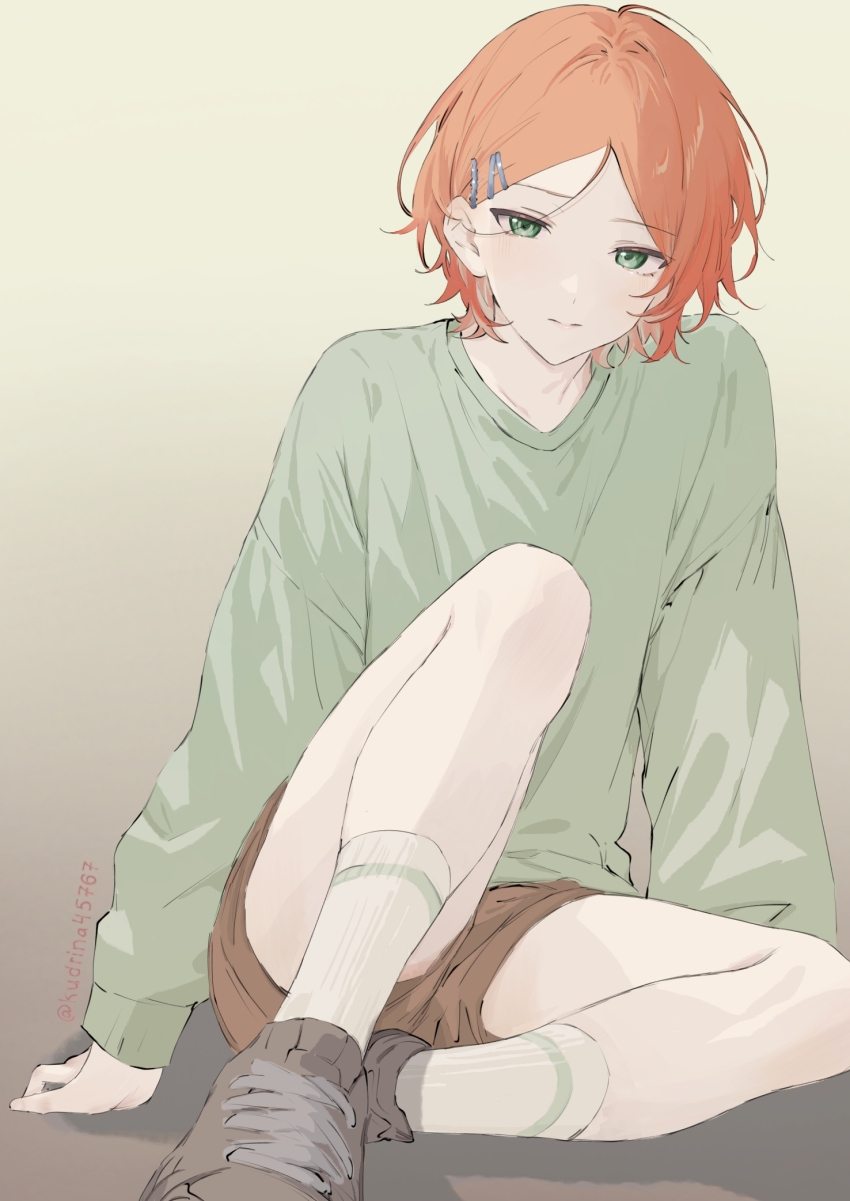1boy aoi_yuta arm_support brown_shorts casual ensemble_stars! full_body gradient_background green_eyes green_shirt hair_ornament hairclip highres kina_(2winkin) knee_up knees long_sleeves looking_at_viewer loose_hair_strand male_focus orange_hair parted_bangs shirt shoes short_hair shorts sitting sneakers socks tube_socks white_socks