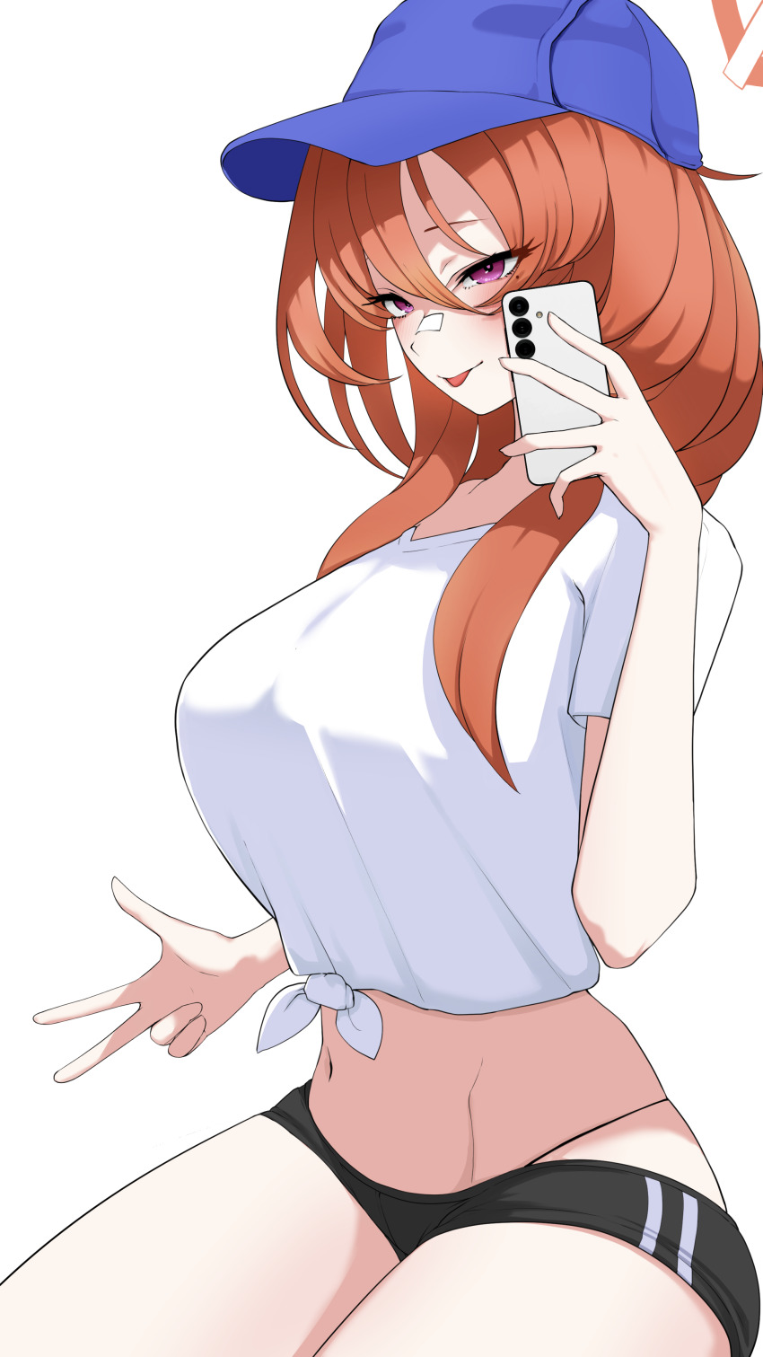 1girl absurdres alternate_costume bandaid bandaid_on_face bandaid_on_nose baseball_cap belly black_buruma blue_archive blue_hat buruma cellphone hair_between_eyes hat highres holding holding_phone long_hair looking_at_viewer navel orange_hair phone poolpool purple_eyes rei_(blue_archive) shirt short_sleeves sidelocks smartphone solo tied_shirt tongue tongue_out w white_shirt