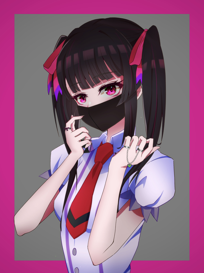 1girl absurdres black_mask breasts brown_hair eyebrows_hidden_by_hair hair_ribbon highres jewelry looking_at_viewer makeup mask mitsuka! mouth_mask necktie pink_hair pink_ribbon red_necktie ribbon ring school_uniform senki_zesshou_symphogear shirt simple_background small_breasts solo tsukuyomi_shirabe twintails upper_body white_shirt
