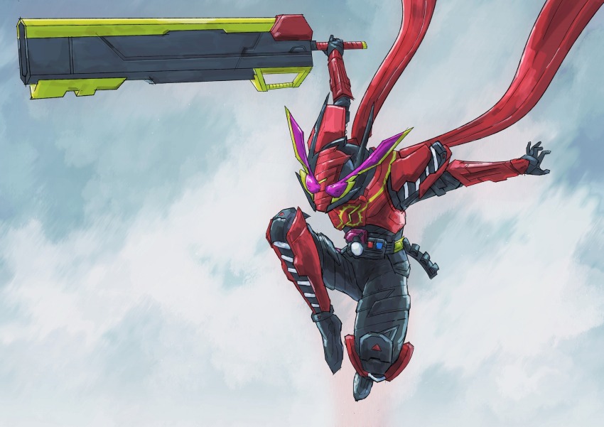 1boy adi_(adivider) armor black_bodysuit black_gloves bodysuit build_driver fullbottle fullbottle_buster gloves hazard_trigger highres holding holding_weapon huge_weapon jumping kamen_rider kamen_rider_build kamen_rider_build_(series) pink_eyes rabbit+tank_form red_armor red_scarf ribbed_bodysuit scarf shoulder_armor spring_(object) sword tank_fullbottle weapon