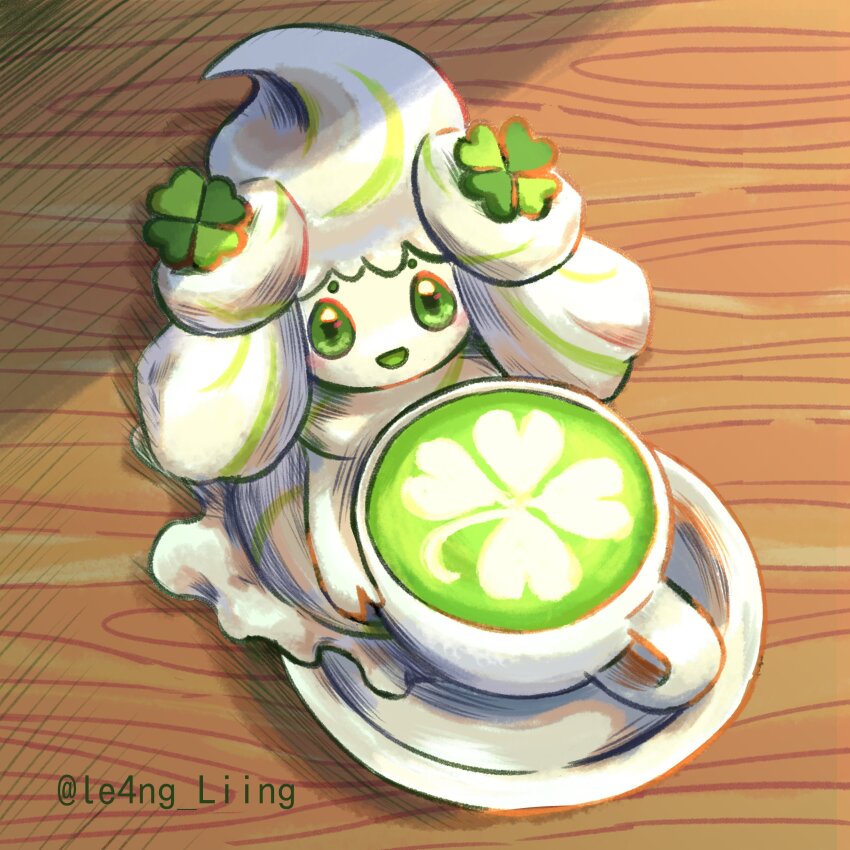 :d absurdres alcremie alcremie_(clover_sweet) commentary_request cup gen_8_pokemon green_eyes happy highres holding holding_cup le4ng_liing looking_up nintendo no_humans open_mouth pokemon pokemon_(creature) saucer smile solo teacup twitter_username watermark