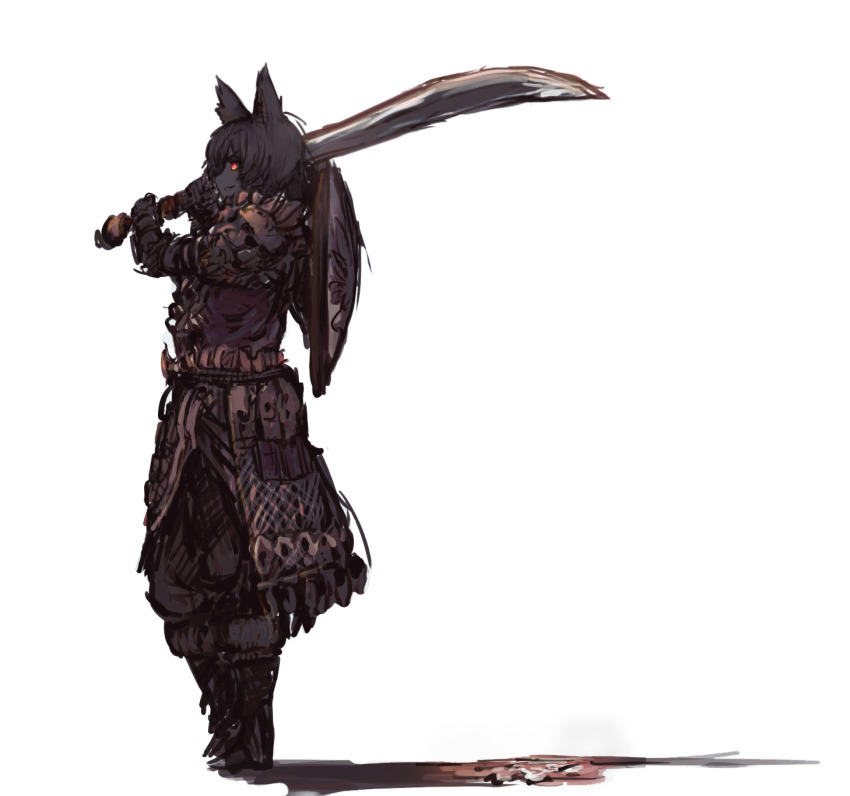 1girl animal_ears armor black_hair cosplay dark_souls_(series) dark_souls_i faulds female_focus full_body hellhound_(monster_girl_encyclopedia) highres inubashiri_momiji monster_girl monster_girl_encyclopedia monster_girl_encyclopedia_ii nameo_(judgemasterkou) over_shoulder shield shiva_of_the_east shiva_of_the_east_(cosplay) short_hair short_sword smile solo sword sword_over_shoulder third-party_edit touhou weapon weapon_over_shoulder white_background wolf_ears