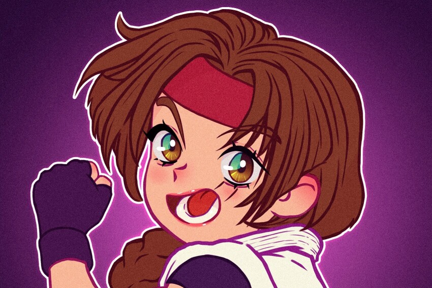 1girl braid braided_ponytail brown_eyes brown_hair dougi female_focus ghandourizm gloves hairband highres karate_gi long_hair looking_at_viewer pale_skin ponytail smile smiley_face the_king_of_fighters yuri_sakazaki