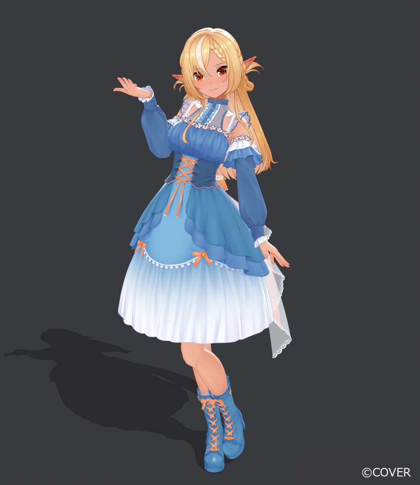 1girl 3d akamo_3d arm_up back_bow beret blonde_hair blue_boots blue_dress boots bow braid braided_bangs breasts commentary_request company_name copyright_notice corset cross-laced_clothes cross-laced_corset cupping_hand dark_elf detached_sleeves double_bun dress elf frilled_sleeves frills full_body grey_background hair_bun halter_dress halterneck hat highres hololive lace-up_boots long_hair long_sleeves looking_at_viewer medium_dress multicolored_hair official_alternate_costume official_alternate_hairstyle official_art orange_eyes pointy_ears puffy_long_sleeves puffy_sleeves saekiyahiro shadow shiranui_flare shiranui_flare_(luminous) simple_background solo streaked_hair tan virtual_youtuber white_hair