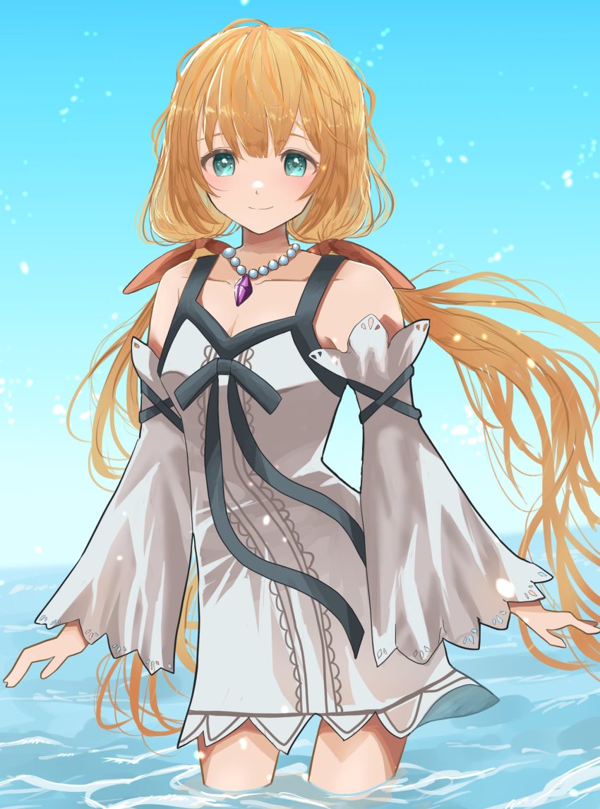 1girl aqua_eyes arms_at_sides bare_shoulders bead_necklace beads blunt_bangs breasts brown_ribbon cleavage collarbone cowboy_shot detached_sleeves dress hair_ribbon highres jewelry kawame626 kingdom_hearts kingdom_hearts_x long_hair long_sleeves looking_at_viewer low_twintails medium_breasts necklace ocean orange_hair outdoors partially_submerged ribbon short_dress sleeveless sleeveless_dress smile solo standing strelitzia_(kingdom_hearts) twintails white_dress white_sleeves wide_sleeves