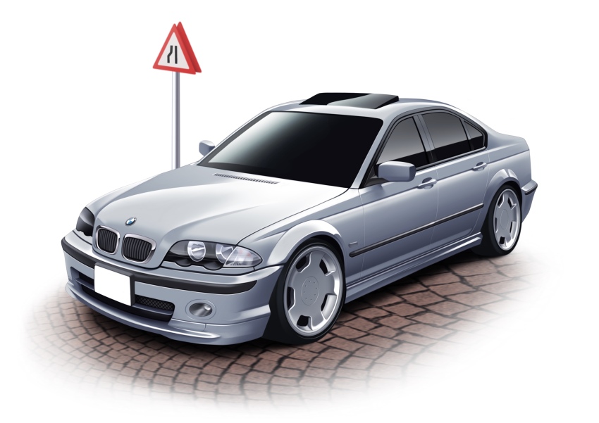absurdres bmw bmw_3_series bmw_e46 car commission grey_car highres making-of_available motor_vehicle no_humans original photo-referenced road_sign second-party_source sh1m4o shadow sign vehicle_focus