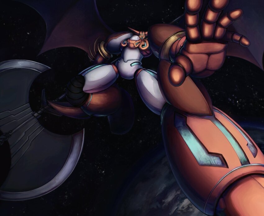 arm_blade armor axe bat_wings battle_axe demon_wings earth_(planet) flying full_body getter_robo highres holding holding_axe ll2759339 mecha mecha_focus multicolored_armor outstretched_arm outstretched_hand planet reaching reaching_towards_viewer red_armor robot shin_getter-1 shin_getter_robo space star_(sky) super_robot weapon white_armor wings