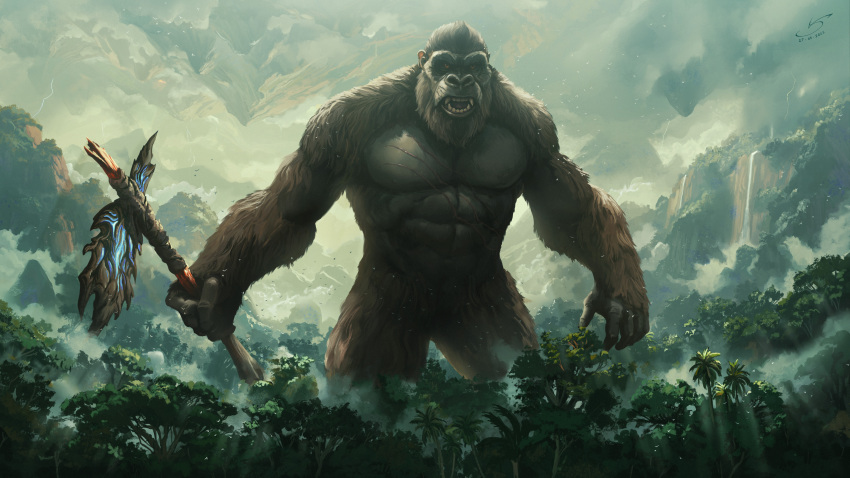 abs absurdres ape axe battle_axe bird bone bone_axe bone_weapon burning_axe cloud cloudy_sky crossover day electricity energy facial_scar fangs flaming_weapon flying fog forest giant giant_monster glowing glowing_axe glowing_weapon godzilla_(series) godzilla_vs._kong gorilla highres kaiju king_kong king_kong&#039;s_battle_axe king_kong_(series) legendary_pictures lightning looking_at_viewer monster monsterverse mountain muscular muscular_arms muscular_legs muscular_male nature no_humans open_mouth orange_eyes overcast palm_tree pectorals rainforest scar scar_on_cheek scar_on_chest scar_on_face scar_on_stomach sharp_teeth sky storm tail teeth tongue tree vapor victor_sales water waterfall weapon wings