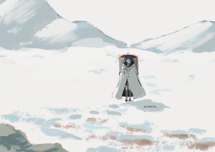 1boy aiguillette artist_name black_hair black_sandals black_shorts blood_on_snow blunt_ends coat fatui_coat footprints full_body fur-trimmed_collar fur_collar fur_trim genshin_impact gold grey_leggings grey_veil hat highres jewelry jingasa lapels leggings male_focus mik0chn mountainous_horizon neck_ring no_mouth outdoors purple_eyes red_hat rock sandals scaramouche_(genshin_impact) shadow shorts sky snow solo standing veil white_coat white_sky winter_clothes winter_coat zouri