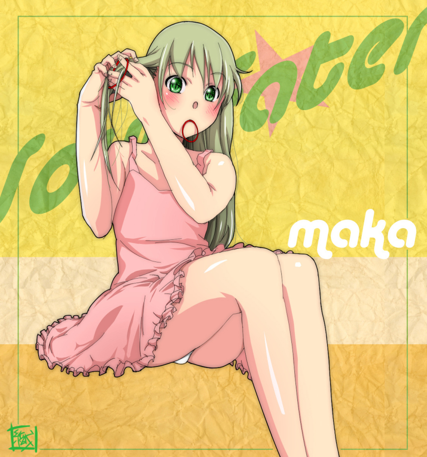 00s 1girl adjusting_hair bad_id bad_pixiv_id dress female_focus green_eyes grey_hair highres maaru maka_albarn panties pantyshot short_hair solo soul_eater underwear