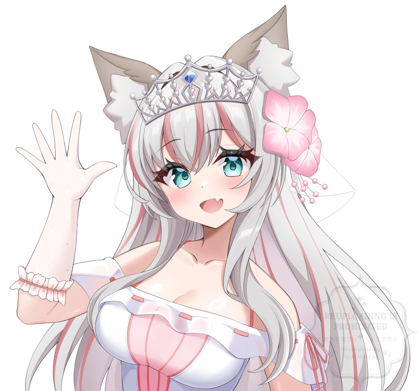 1girl animal_ears aqua_eyes breasts cleavage collarbone detached_sleeves dress elegant_(sumisumi4268) fang flower gloves hair_flower hair_ornament highres indie_virtual_youtuber large_breasts long_hair looking_at_viewer multicolored_hair open_mouth pink_dress pink_hair skin_fang strapless strapless_dress thick_eyelashes tongue two-tone_dress two-tone_hair virtual_youtuber white_dress white_gloves white_hair