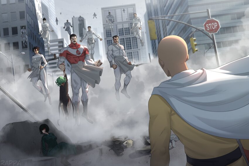 4girls 6+boys anissa_(invincible) bald black_dress black_hair blonde_hair blood blood_on_face bodysuit building capelet city commentary crossover curly_hair dress english_commentary facial_hair fubuki_(one-punch_man) genos green_dress green_hair highres invincible_(series) jumpsuit kregg missing_eye multiple_boys multiple_girls mustache one-punch_man outdoors rappa_(sirrappa) road_sign saitama_(one-punch_man) short_hair sign stop_sign superhero_costume tatsumaki thragg_(invincible) very_short_hair white_bodysuit white_capelet yellow_jumpsuit