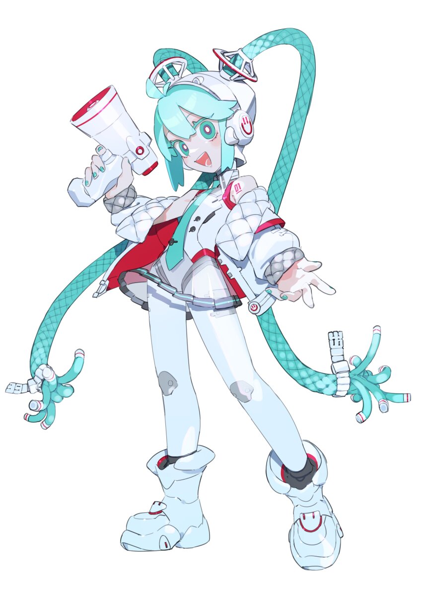 1girl absurdres bare_shoulders bright_pupils cable_hair cheri_zao full_body goodsmile_company green_eyes green_hair hatsune_miku highres holding holding_megaphone jacket long_hair megaphone off_shoulder pantyhose proto_miku_(cheri_zao) see-through_clothes see-through_skirt shoulder_tattoo simple_background skirt solo tattoo very_long_hair vocaloid white_background white_jacket white_pantyhose white_pupils