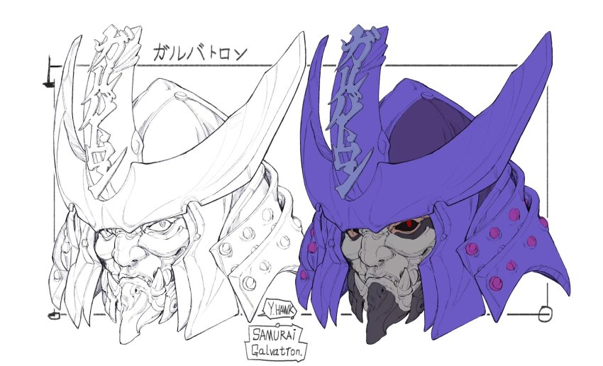 1boy black_sclera colored_sclera decepticon galvatron helmet highres humanization lineart looking_to_the_side male_focus mask mouth_mask red_eyes samurai transformers white_background yinghawk