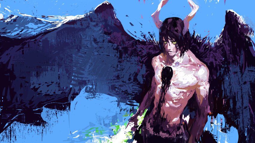 1boy alternate_form arrancar black_fur black_hair black_wings bleach blue_background body_fur colored_skin cowboy_shot demon_boy demon_horns demon_wings expressionless facial_mark fire green_fire highres hole_in_chest hole_on_body horns kanji_(nievart) looking_at_viewer male_focus mark_under_both_eyes resurreccion solo topless_male ulquiorra_cifer white_skin wings yellow_eyes