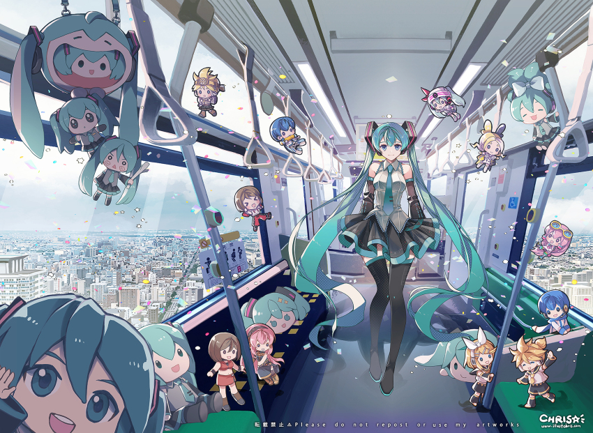 aqua_eyes aqua_hair aqua_necktie bare_shoulders black_sleeves blonde_hair blue_eyes blue_hair boots borrowed_hairstyle bow breasts brown_eyes brown_hair character_doll chibi chris4708 cinnamiku cinnamiku_hairstyle cityscape collared_shirt comiket_105 confetti detached_sleeves ear_bow eyelashes flying folded_twintails frilled_skirt frills full_body grey_shirt hachune_miku hair_between_eyes hair_bow hair_ornament hairclip hatsune_miku headphones headset highres kagamine_len kagamine_rin kaito_(vocaloid) leg_warmers long_hair long_sleeves looking_at_viewer magical_mirai_(vocaloid) megurine_luka meiko_(vocaloid) midair mikudayo multiple_boys multiple_girls necktie nintendo open_mouth pokemon ponytail project_sekai project_voltage psychic_miku_(project_voltage) ribbon shirt short_hair short_ponytail shorts sitting skirt sleeveless smile standing thigh_boots thighhighs train train_interior twintails updo very_long_hair vocaloid yellow_necktie