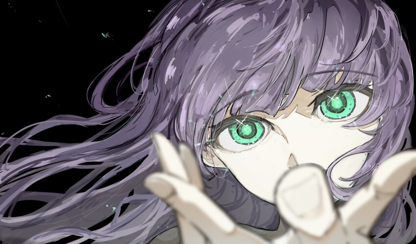 1girl blurry bongore2668 commentary_request depth_of_field floating_hair glowing glowing_eyes green_eyes highres link!_like!_love_live! looking_at_viewer love_live! open_hand otomune_kozue portrait purple_hair solo sparkling_eyes virtual_youtuber