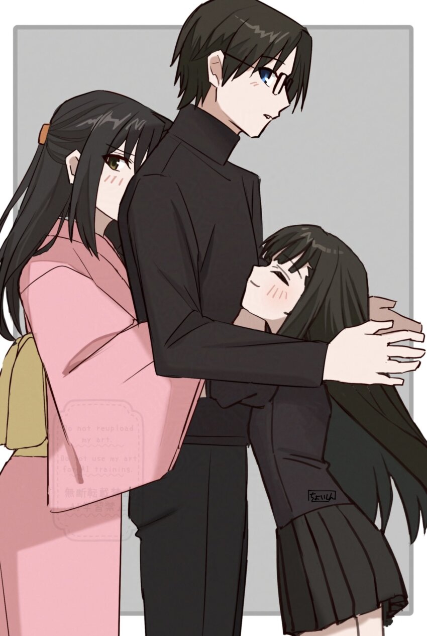black_eyes black_hair black_pants black_shirt black_skirt blue_eyes blush family father_and_daughter glasses highres hug hug_from_behind japanese_clothes kara_no_kyoukai kimono kokutou_mikiya long_hair mother_and_daughter pants pink_kimono ryougi_mana ryougi_shiki shintyoi2 shirt short_hair signature skirt