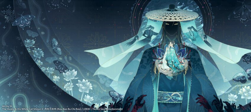 6+boys black_hair blindfold blood blood_on_hands blue_hanfu blue_nails bug butterfly centipede chinese_clothes chu_wanning cloak commentary copyright_name english_commentary english_text erha_he_tadebai_mao_shizun flower gold_tears guan_hat hair_bun hair_ornament hand_on_own_head hanfu hat high_ponytail highres holding holding_flower holding_mini_person hua_binan insect long_hair long_sleeves male_focus mian_guan mini_person miniboy mo_ran multiple_boys no_eyes no_mouth official_art open_mouth out_of_frame ponytail reaching reaching_towards_another sash shaded_face shi_mei single_hair_bun snake snake_hair_ornament spoilers suto_(sakumaaritsu) upper_body veil weimao white_blindfold wide_sleeves yellow_eyes