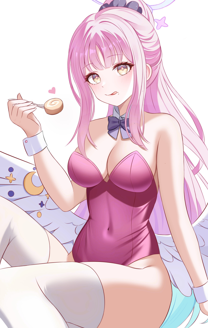 1girl :q absurdres alternate_costume alternate_hairstyle blue_archive blue_bow blue_bowtie bow bowtie breasts cake cleavage commentary covered_navel detached_collar feathered_wings food food_on_face gradient_eyes halo heart highres kenomotsu_yukuwa large_breasts leotard long_hair looking_at_viewer low_wings mika_(blue_archive) multicolored_eyes pink_hair pink_halo pink_leotard playboy_bunny ponytail simple_background sitting solo strapless strapless_leotard swiss_roll thighhighs thighs tongue tongue_out white_background white_thighhighs white_wings white_wrist_cuffs wings wrist_cuffs yellow_eyes